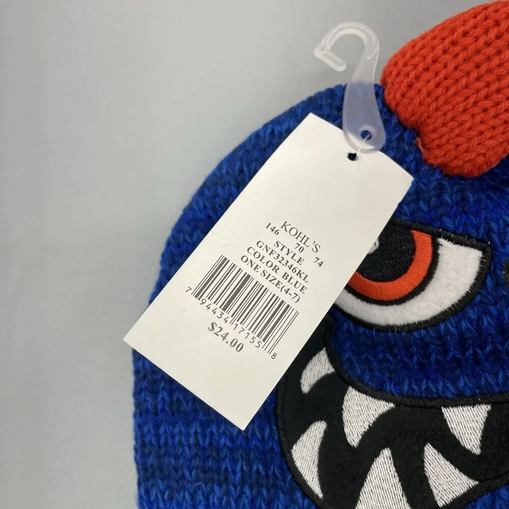 ABG Monster Beanie Toboggan Hat and Gloves Set Knit Blue Boys 4-7
